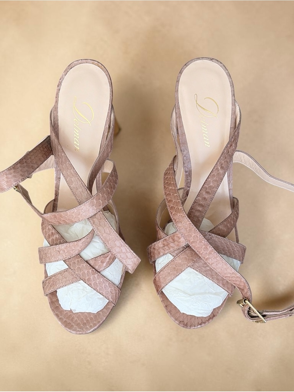 Delman Blush Taupe Crisscross Slingback Heels
